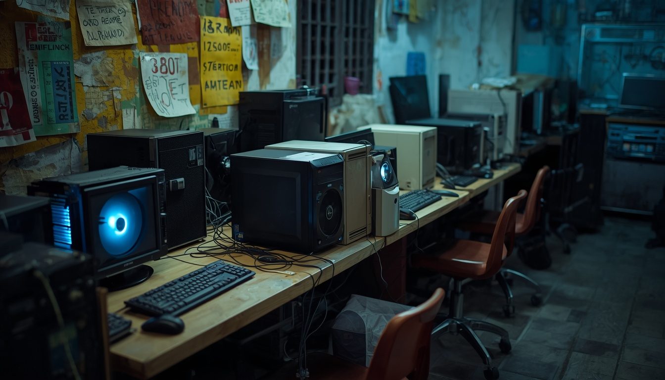 A player's hand resting on an RGB gaming mouse at a PIXELPET computer club station, blue-lit hall behind